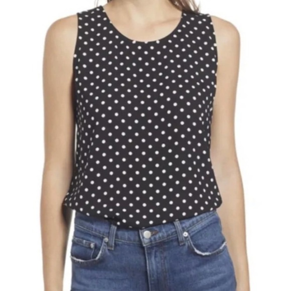NWT Halogen Scoop Neck Woven Shell Top In Black- Ivory Air Dot Size XS